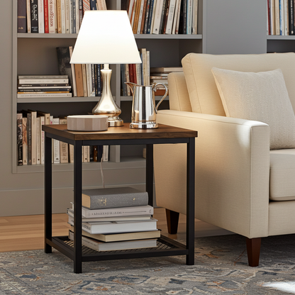 Loft Rustic Industrial Wood & Steel Side Table with Storage Shelf