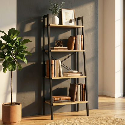 Elevate Rustic Oak 4-Tier Ladder Shelf Wood & Metal Bookcase Storage Organizer