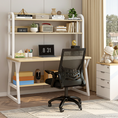 Aspire Large Industrial Office Computer Desk Workstation with Bookshelf (White Oak)