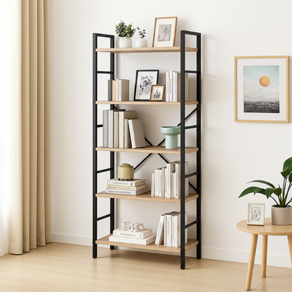 5 Tier Multifunction Heavy Duty Bookcase Wood & Steel Storage Shelf Organizer (Coastal Oak)