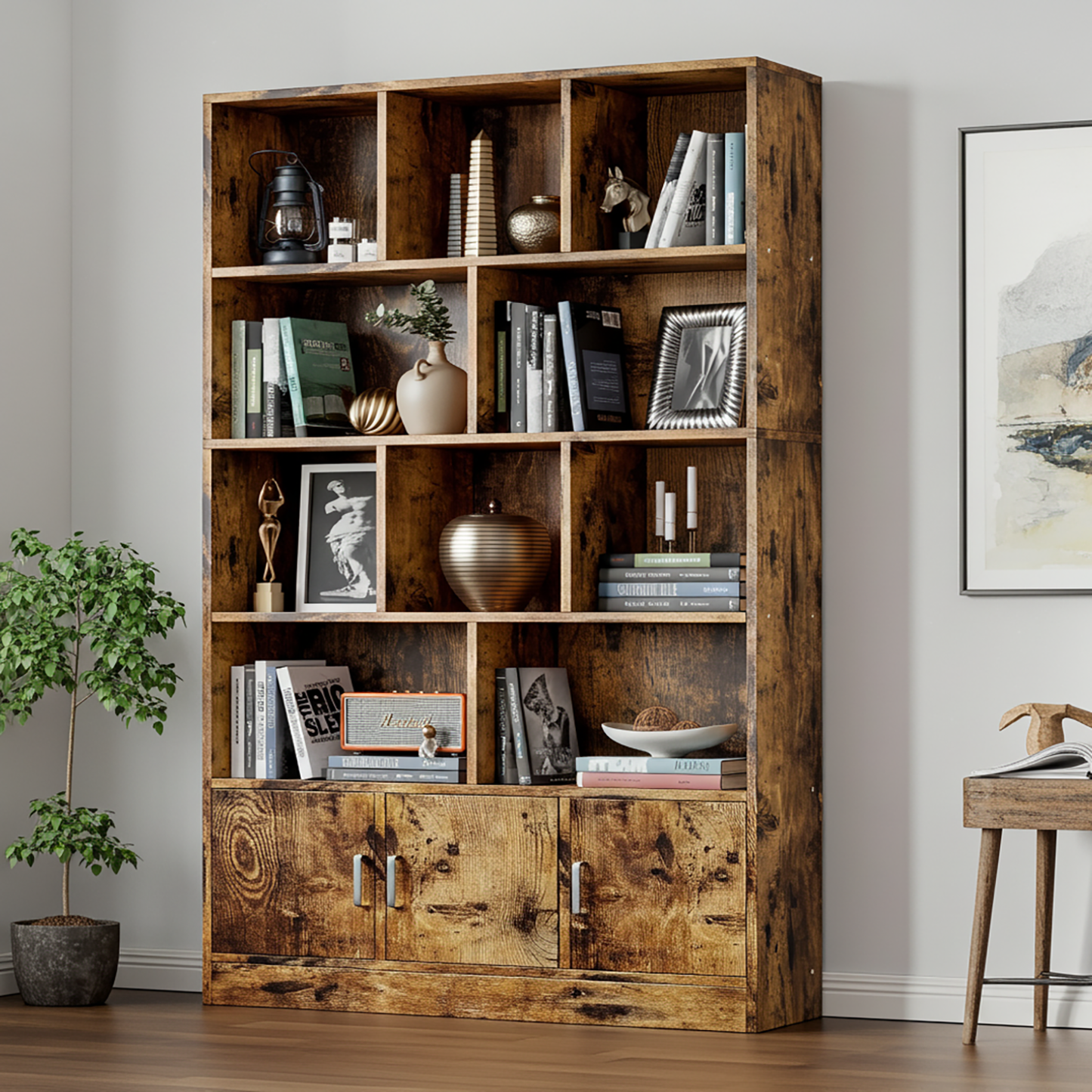 Alpha 10-Shelf 3-Door Wardrobe Cupboard Bookshelf Cabinet (Rustic Wood)