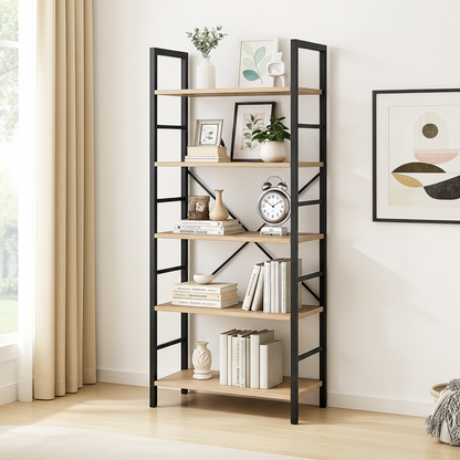 5 Tier Multifunction Heavy Duty Bookcase Wood & Steel Storage Shelf Organizer (Coastal Oak)