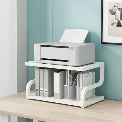 Deluxe Rustic Oak Desktop Shelf Wood & Steel Printer Stand Storage Rack Organizer (White)