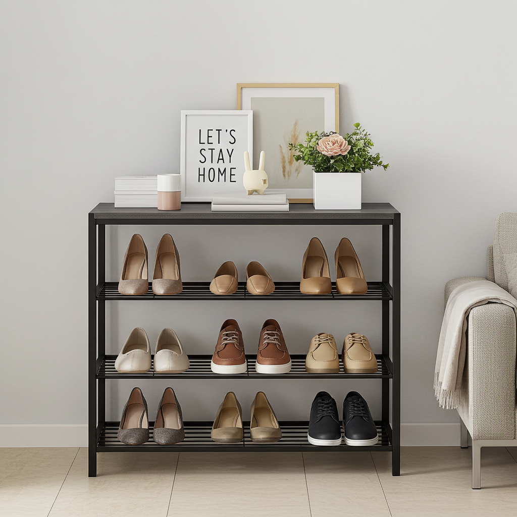 Vita 4-Tier Wood & Metal Shoe Rack Storage Shelf Organiser (Driftwood Grey)