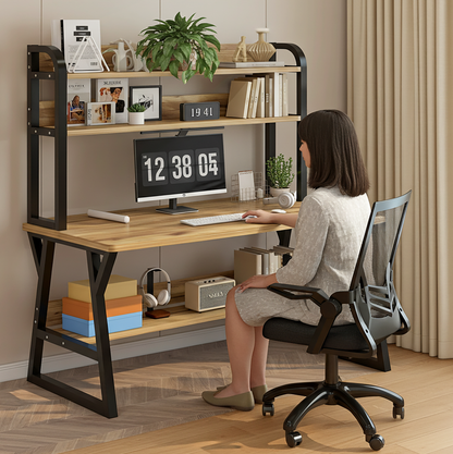 Aspire Large Industrial Office Computer Desk Workstation with Bookshelf (Oak)