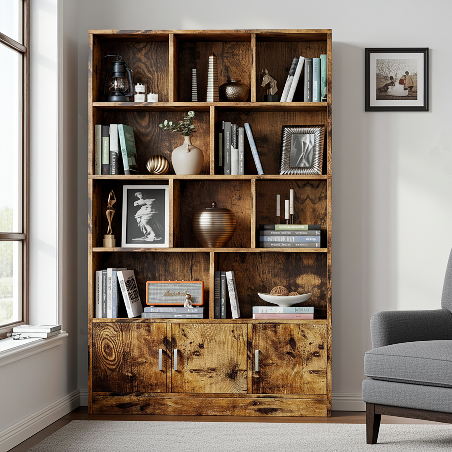 Alpha 10-Shelf 3-Door Wardrobe Cupboard Bookshelf Cabinet (Rustic Wood)