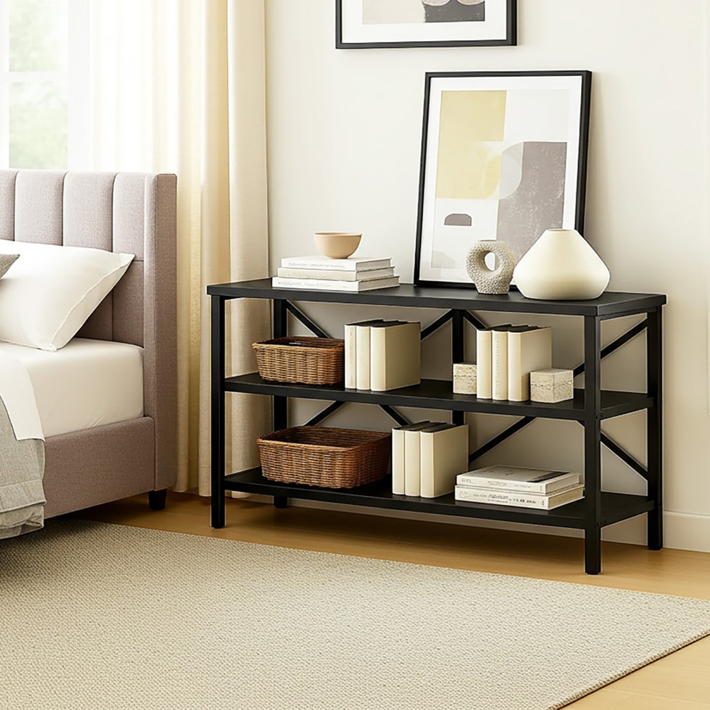 Serenity Industrial Console Table Bookcase TV Stand Storage Shelf Unit (Black)