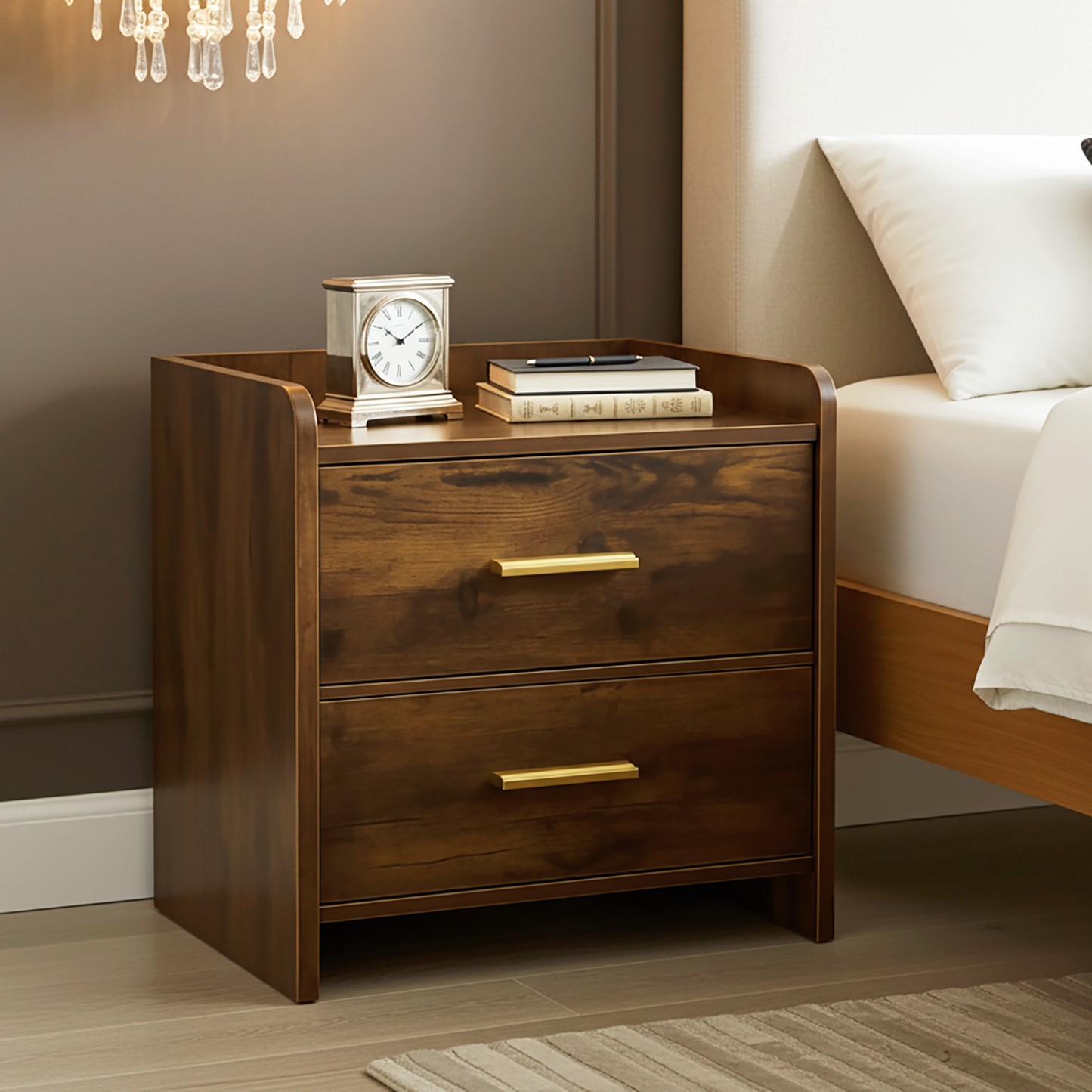 Serene 2-Drawer Bedside Table Nightstand (Rustic Wood)