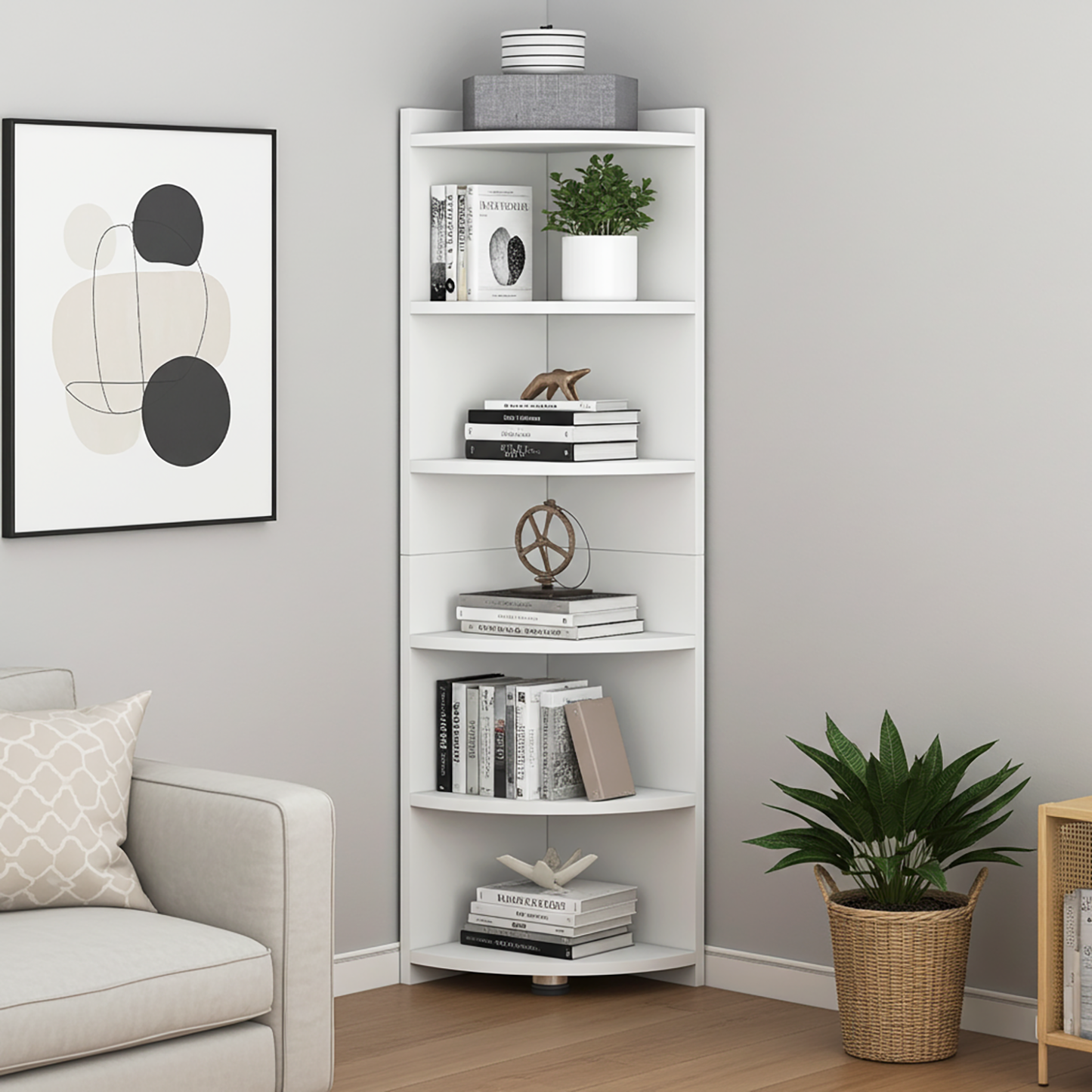 Inspire 6 Tier Large Stylish Wooden Corner Shelf Unit (White)