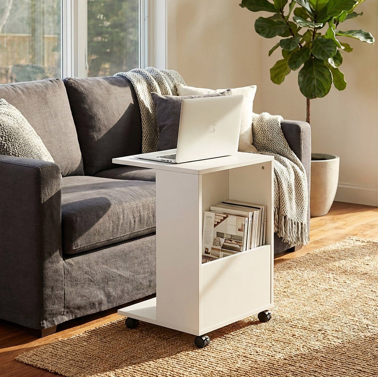 Hermes Sofa Side Table with Magazine Holder (White)