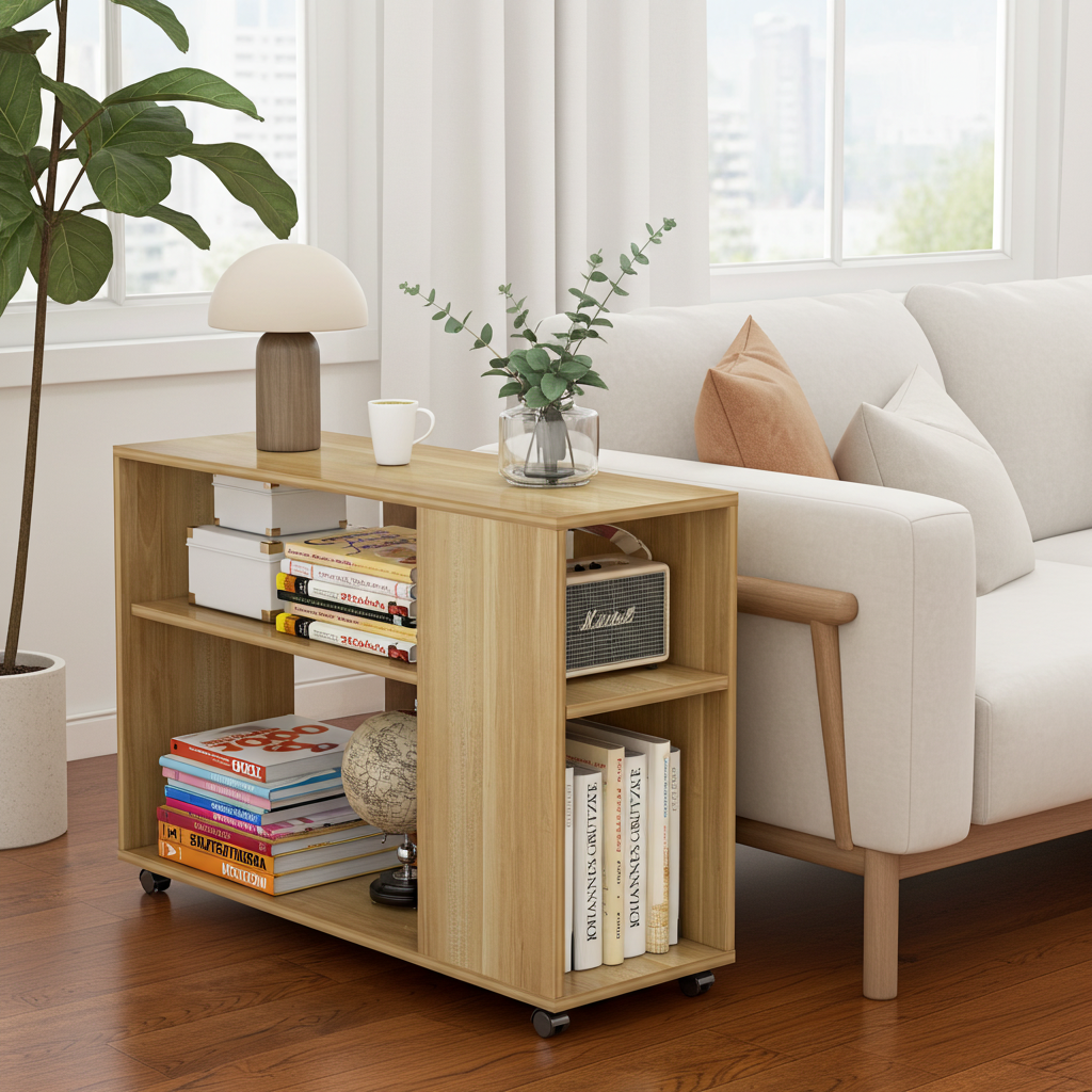 Versatile Sofa Side Table & Magazine Shelf with Casters (Oak)