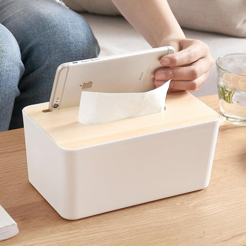 Multipurpose Tissue Box Holder Phone Stand Napkin Case Organizer with Removable Wooden Cover - Dshop.com.au