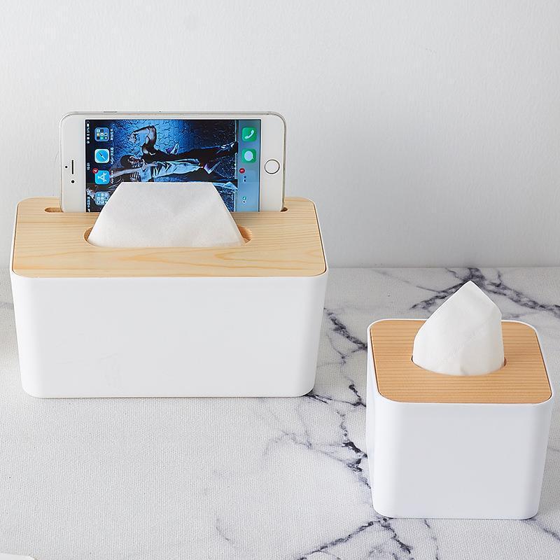 Multipurpose Tissue Box Holder Phone Stand Napkin Case Organizer with Removable Wooden Cover - Dshop.com.au