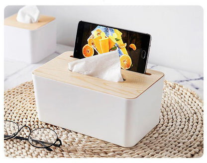 Multipurpose Tissue Box Holder Phone Stand Napkin Case Organizer with Removable Wooden Cover - Dshop.com.au