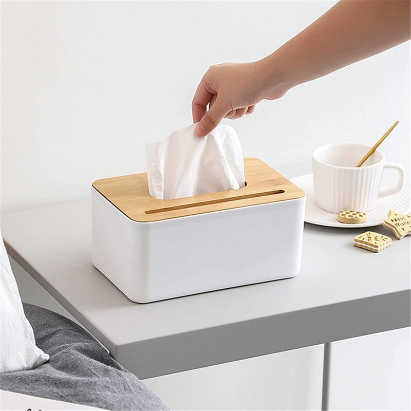 Multipurpose Tissue Box Holder Phone Stand Napkin Case Organizer with Removable Wooden Cover - Dshop.com.au