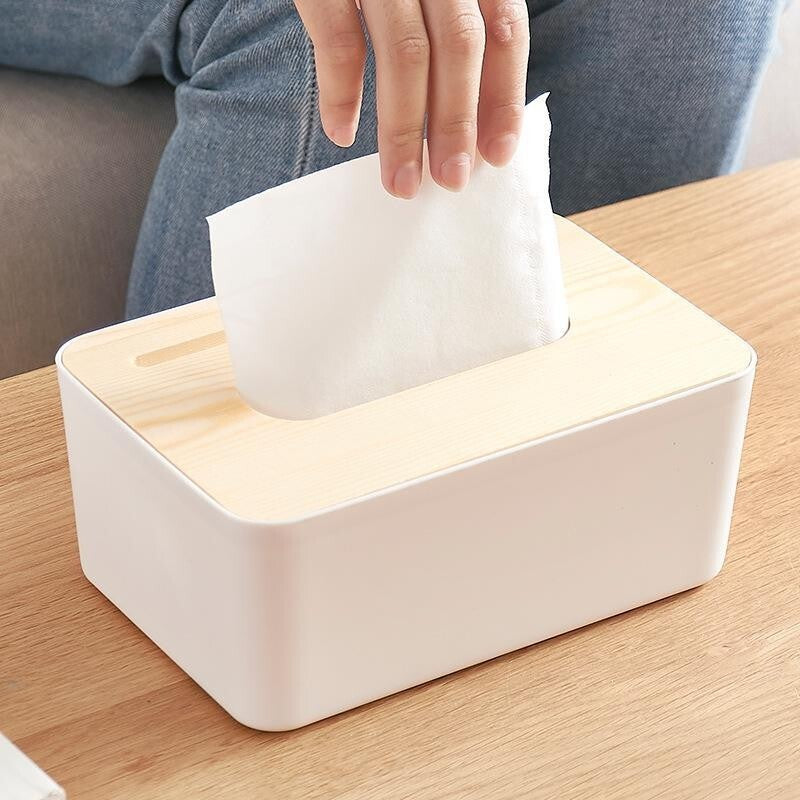 Multipurpose Tissue Box Holder Phone Stand Napkin Case Organizer with Removable Wooden Cover - Dshop.com.au