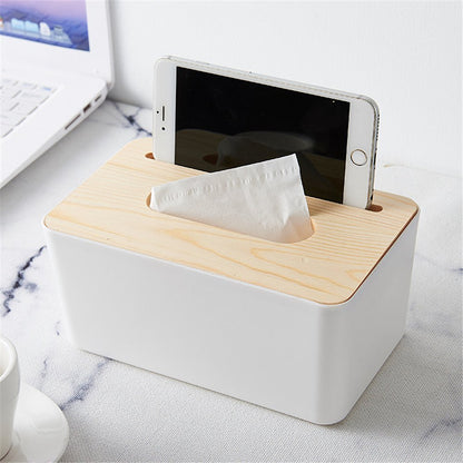 Multipurpose Tissue Box Holder Phone Stand Napkin Case Organizer with Removable Wooden Cover - Dshop.com.au