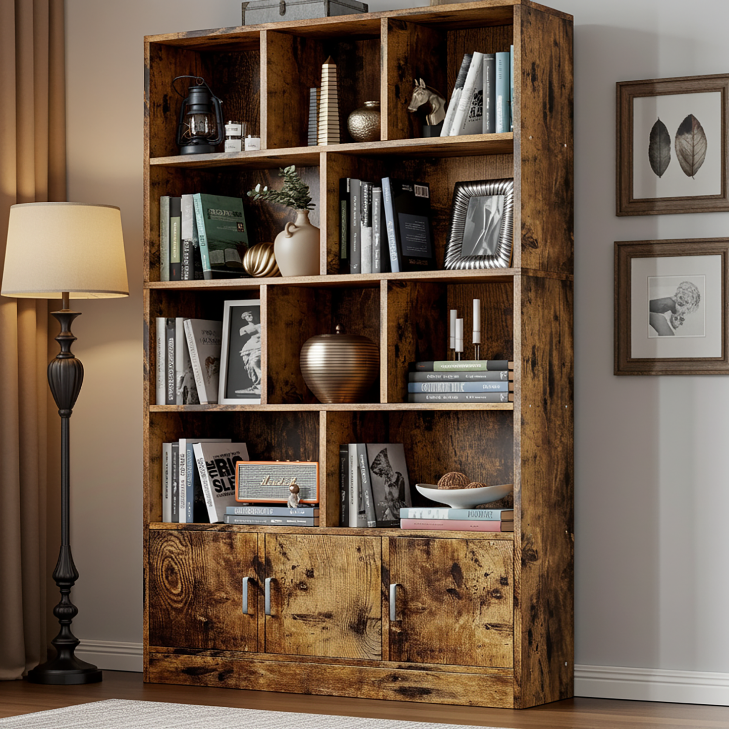 Alpha 10-Shelf 3-Door Wardrobe Cupboard Bookshelf Cabinet (Rustic Wood)