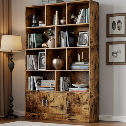 Alpha 10-Shelf 3-Door Wardrobe Cupboard Bookshelf Cabinet (Rustic Wood)