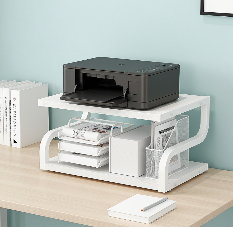 Deluxe Rustic Oak Desktop Shelf Wood & Steel Printer Stand Storage Rack Organizer (White)
