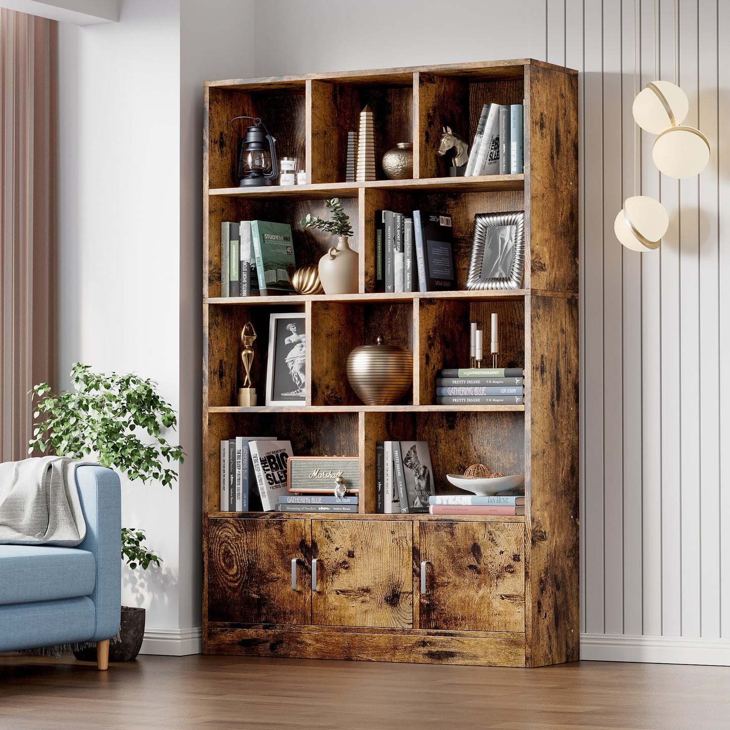 Alpha 10-Shelf 3-Door Wardrobe Cupboard Bookshelf Cabinet (Rustic Wood)