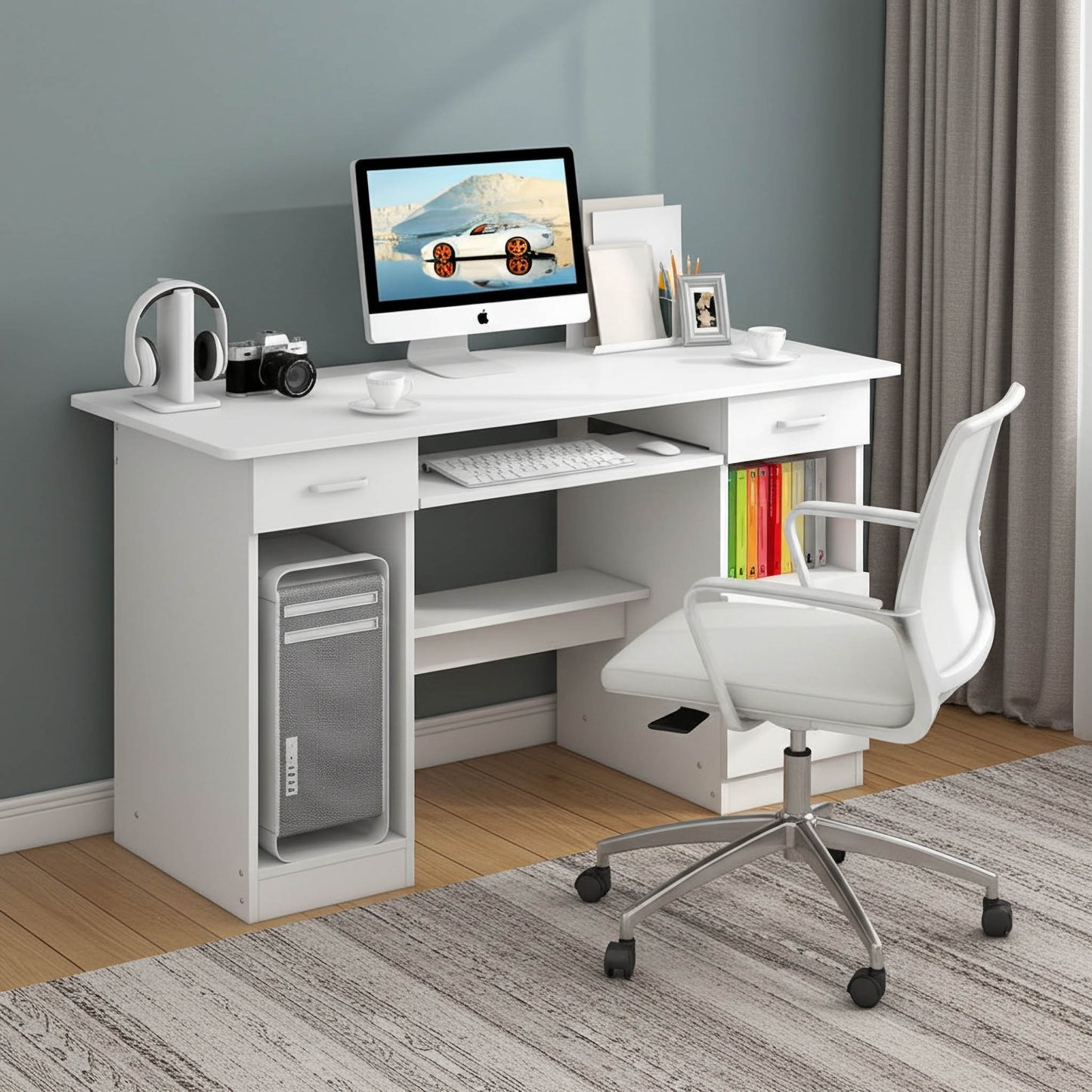 Executive Office Computer Desk with Drawers, Cabinet, Shelves (White)