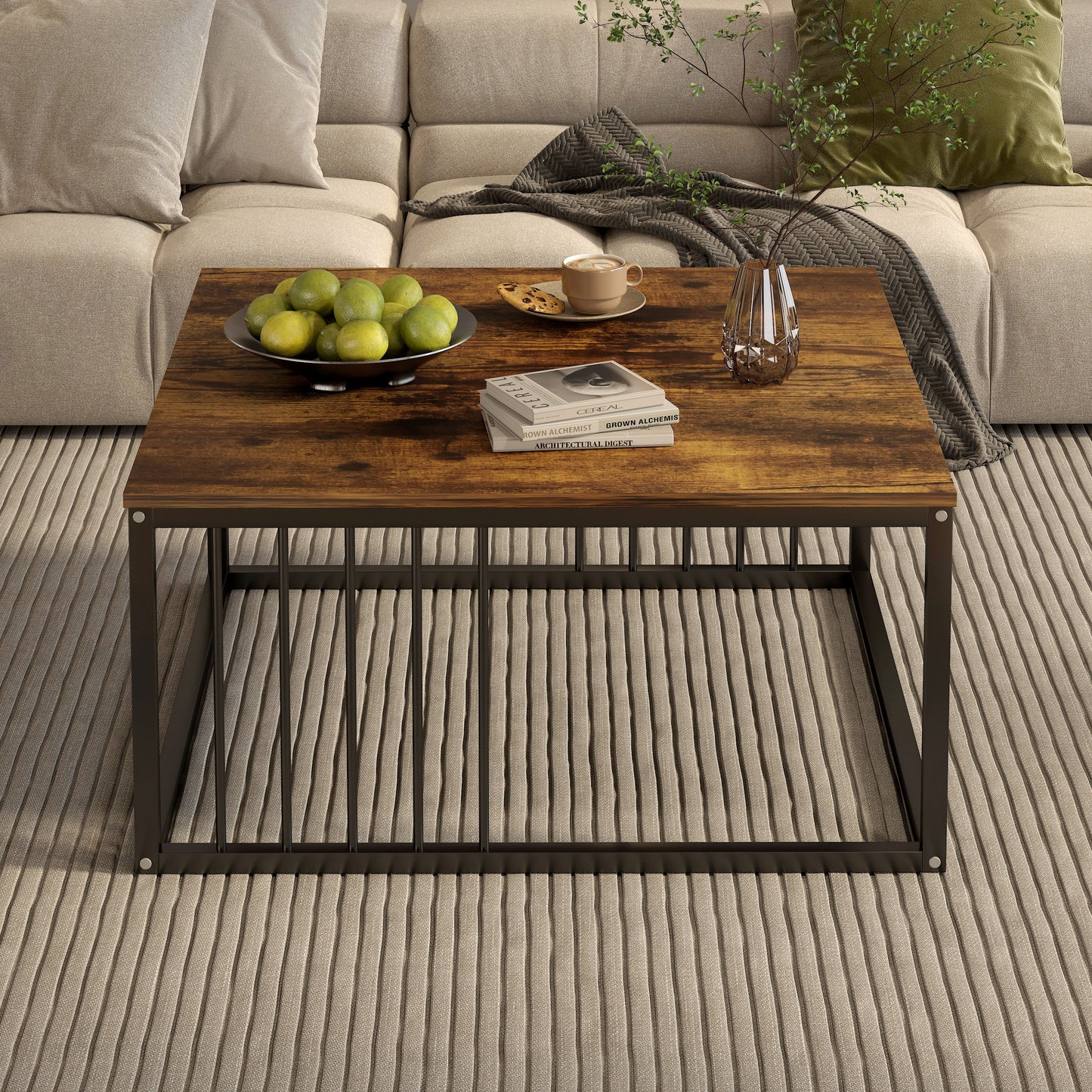 Urban Industrial Modern Rustic Wood and Metal Square Coffee Table