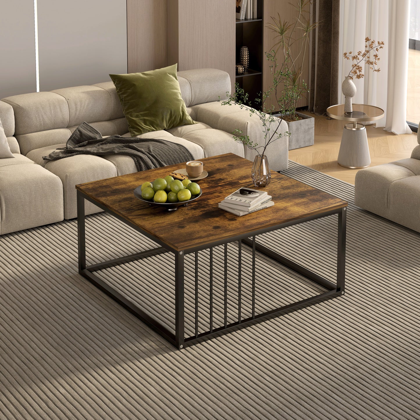 Urban Industrial Modern Rustic Wood and Metal Square Coffee Table