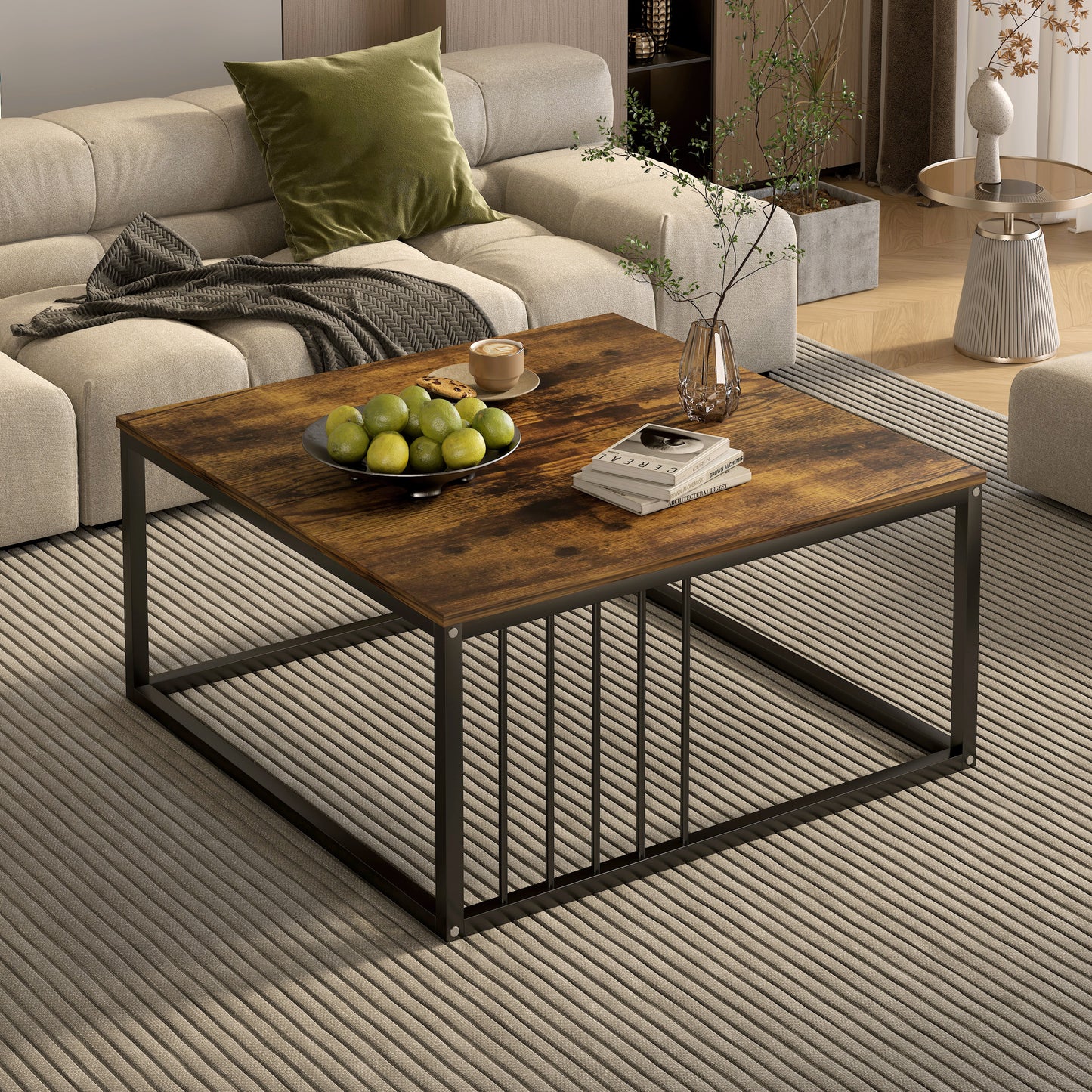 Urban Industrial Modern Rustic Wood and Metal Square Coffee Table