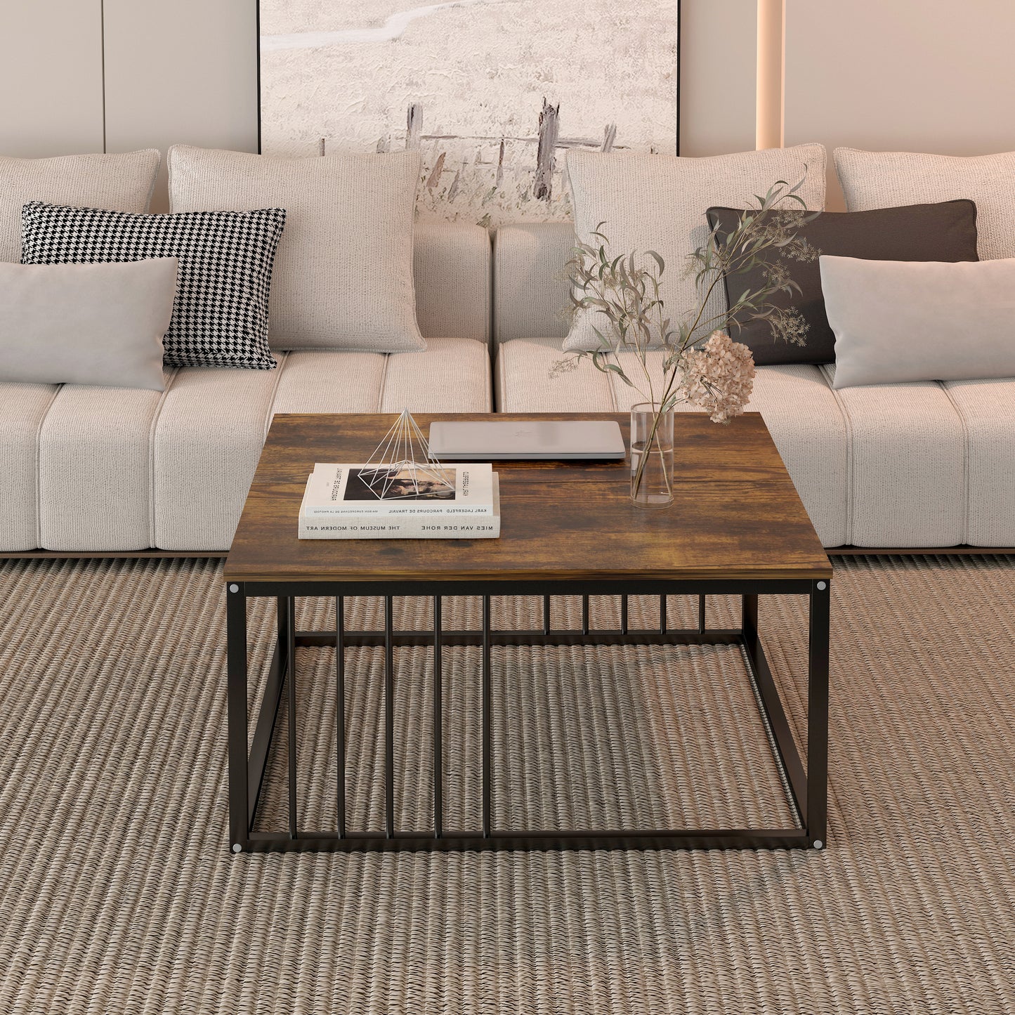 Urban Industrial Modern Rustic Wood and Metal Square Coffee Table