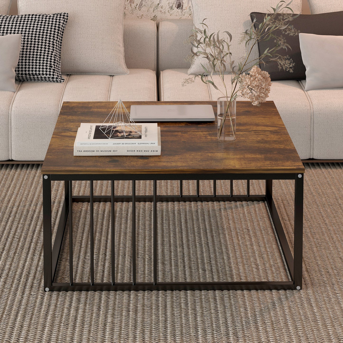 Urban Industrial Modern Rustic Wood and Metal Square Coffee Table