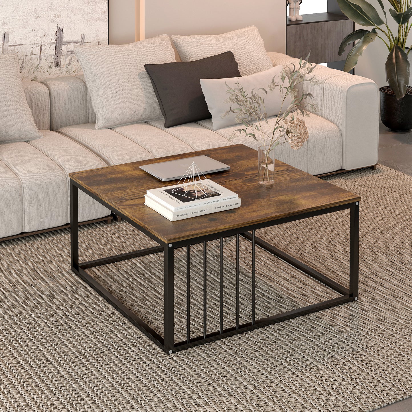 Urban Industrial Modern Rustic Wood and Metal Square Coffee Table