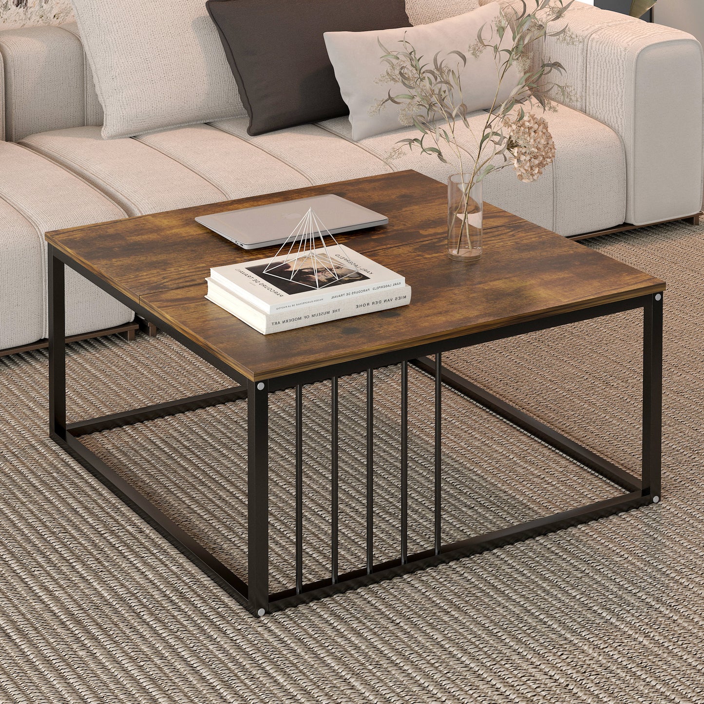 Urban Industrial Modern Rustic Wood and Metal Square Coffee Table
