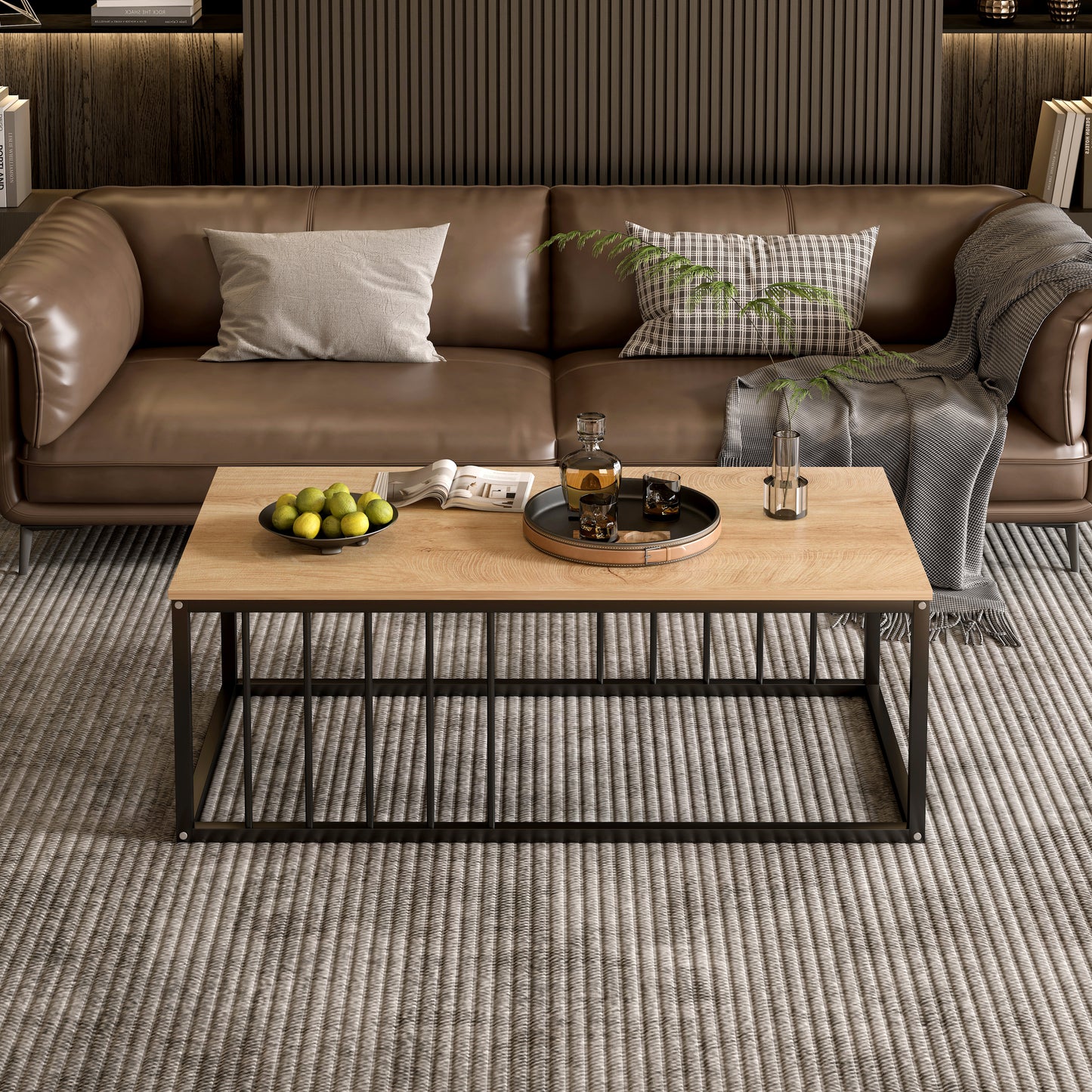 Urban Industrial Modern Wood and Metal Coffee Table Rustic Oak