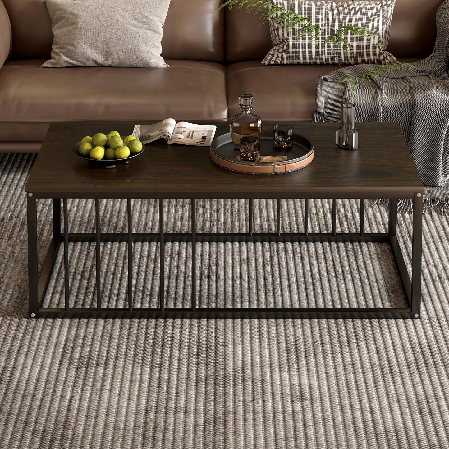 Urban Industrial Modern Wood and Metal Coffee Table Black Walnut