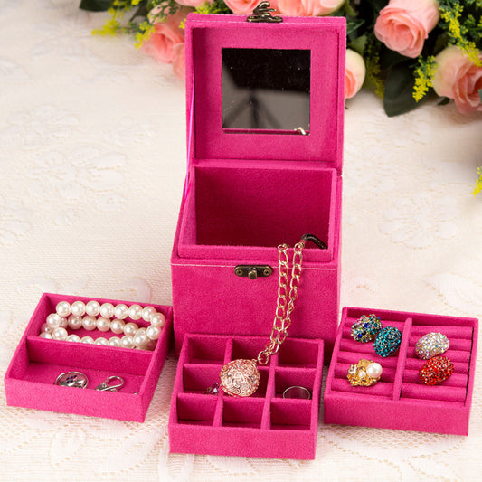 Deluxe Velvet Jewellery Box 3 Level Organiser Hot Pink - Dshop.com.au