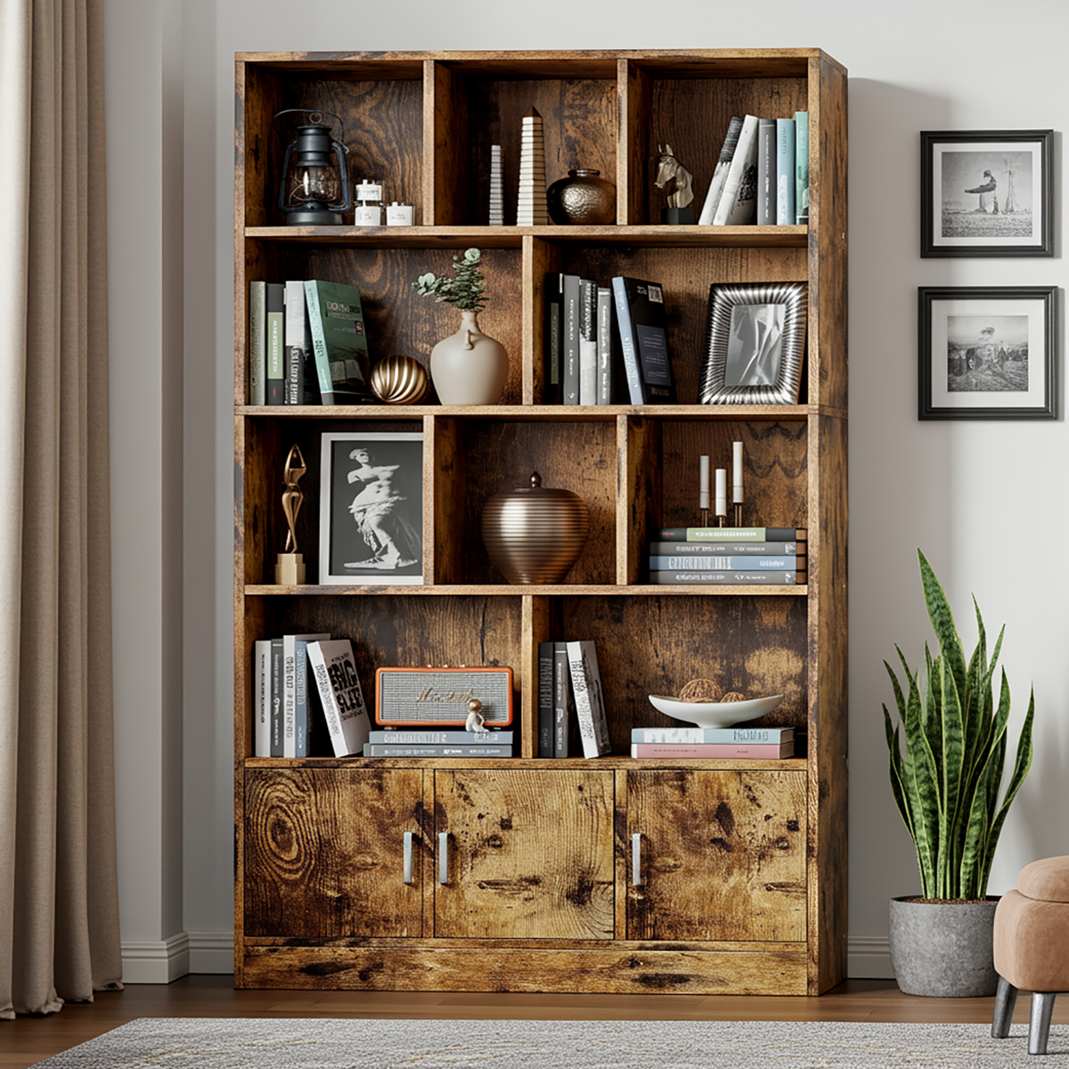 Alpha 10-Shelf 3-Door Wardrobe Cupboard Bookshelf Cabinet (Rustic Wood