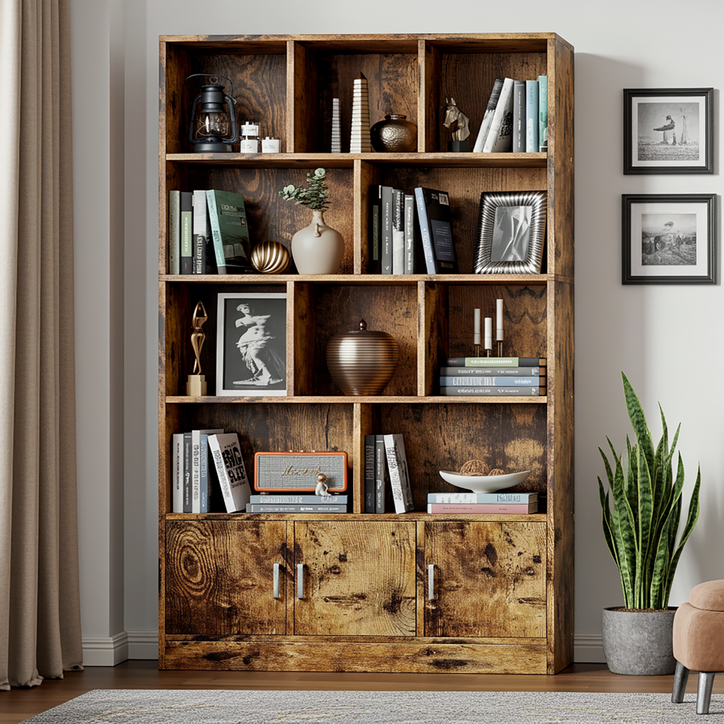 Alpha 10-Shelf 3-Door Wardrobe Cupboard Bookshelf Cabinet (Rustic Wood)