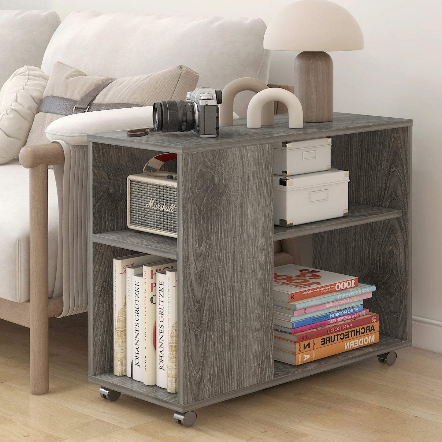 Versatile Sofa Side Table & Magazine Shelf with Casters (Driftwood)