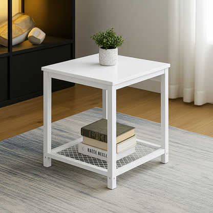 Loft White Industrial Wood & Steel Side Table with Storage Shelf