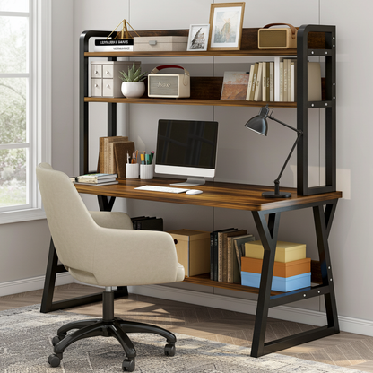 Aspire Large Industrial Office Computer Desk Workstation with Bookshelf (Rustic Wood)