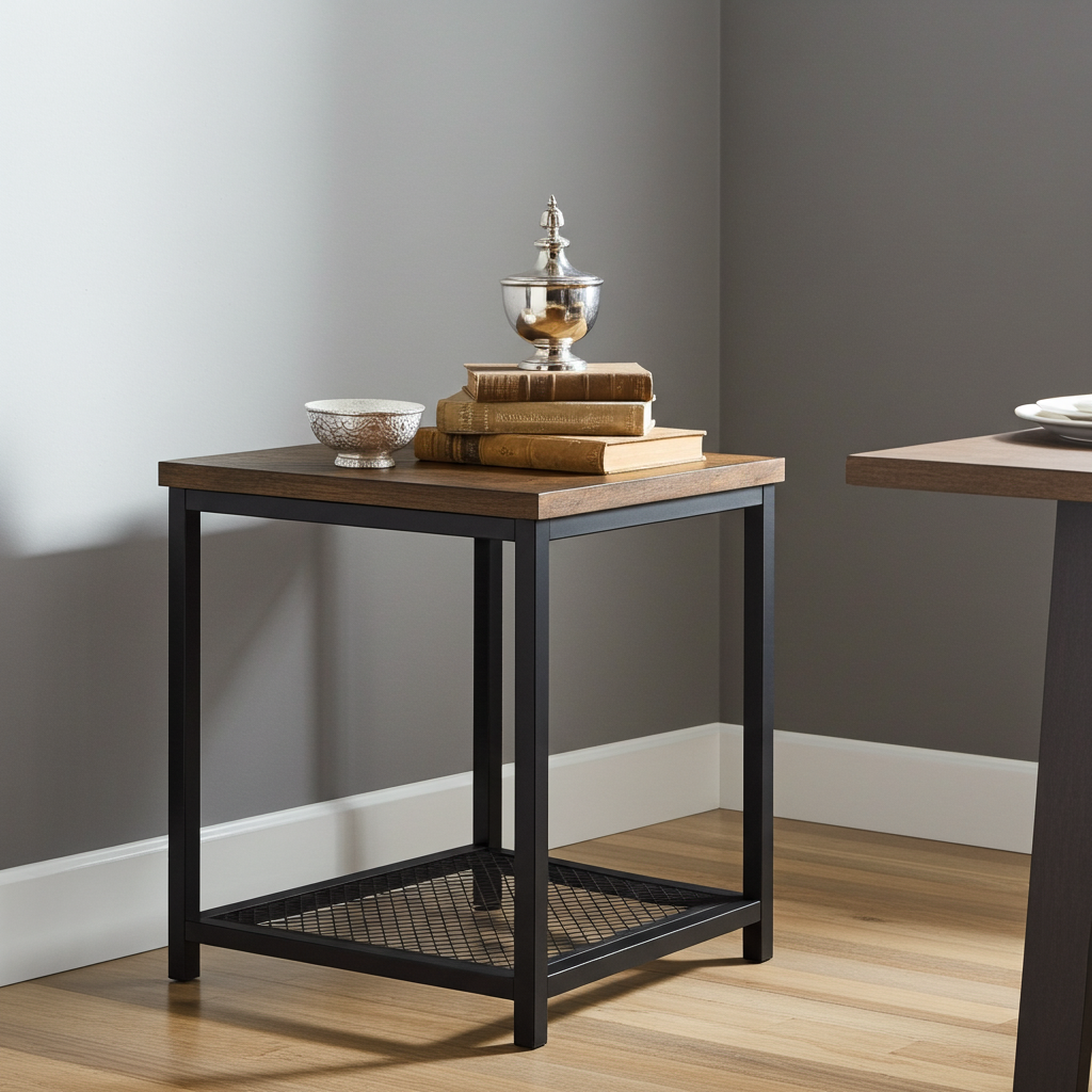 Loft Rustic Industrial Wood & Steel Side Table with Storage Shelf
