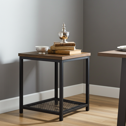 Loft Rustic Industrial Wood & Steel Side Table with Storage Shelf