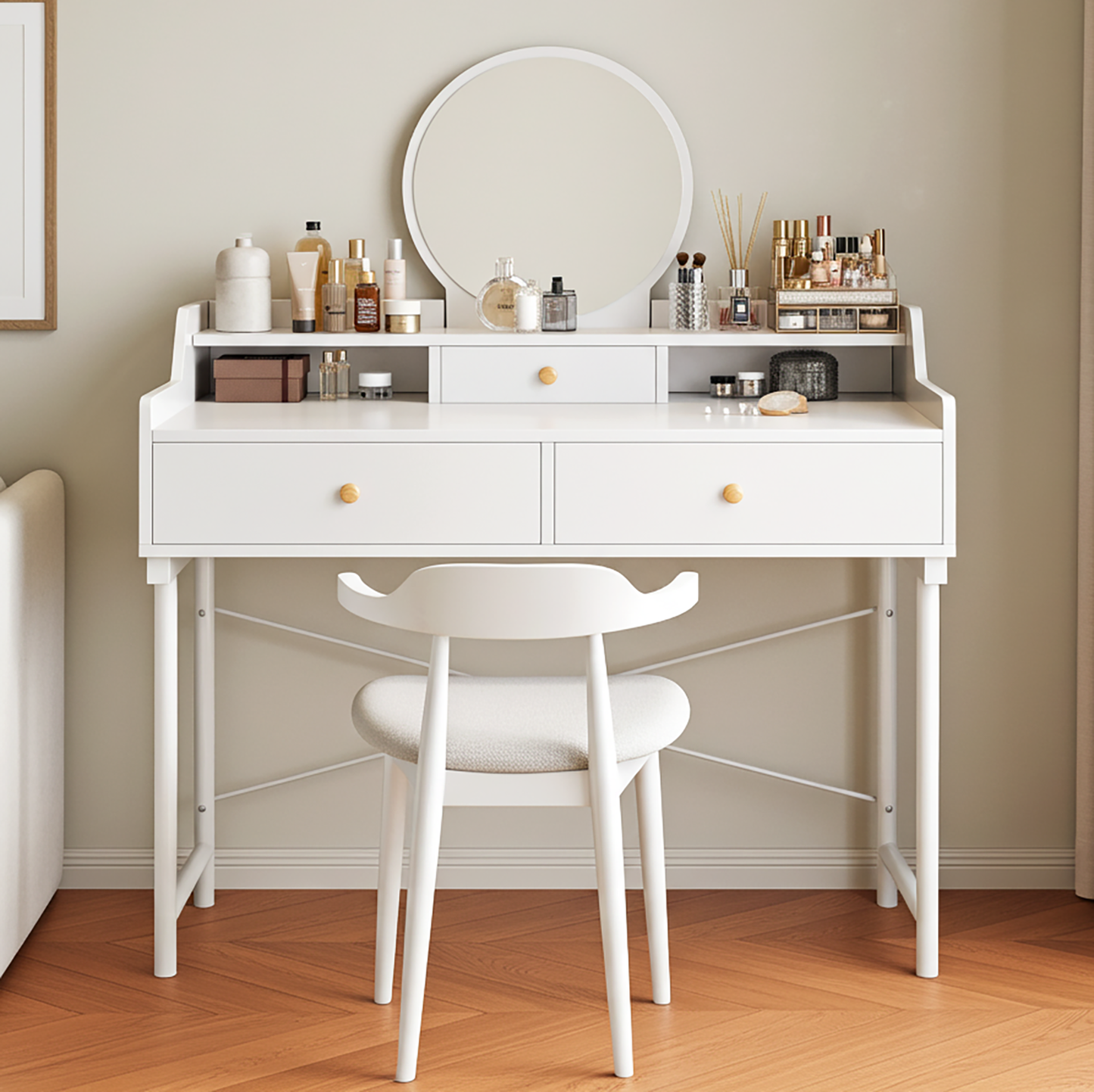 Grande Makeup Vanity Dressing Table with Round Mirror and Drawers White