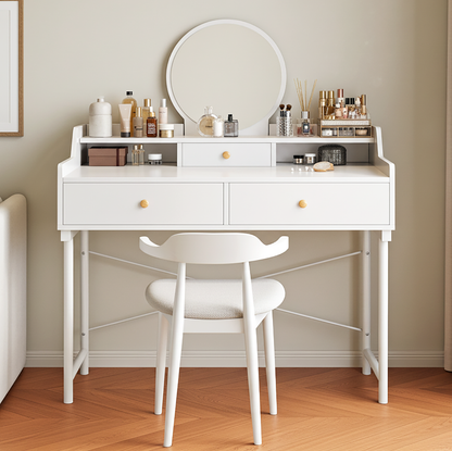 Grande Makeup Vanity Dressing Table with Round Mirror and Drawers White