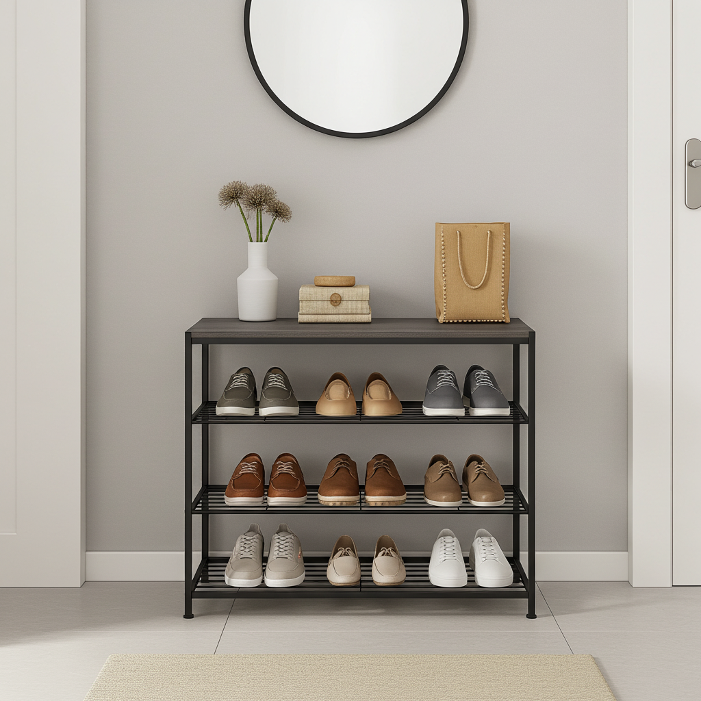 Vita 4-Tier Wood & Metal Shoe Rack Storage Shelf Organiser (Driftwood Grey)