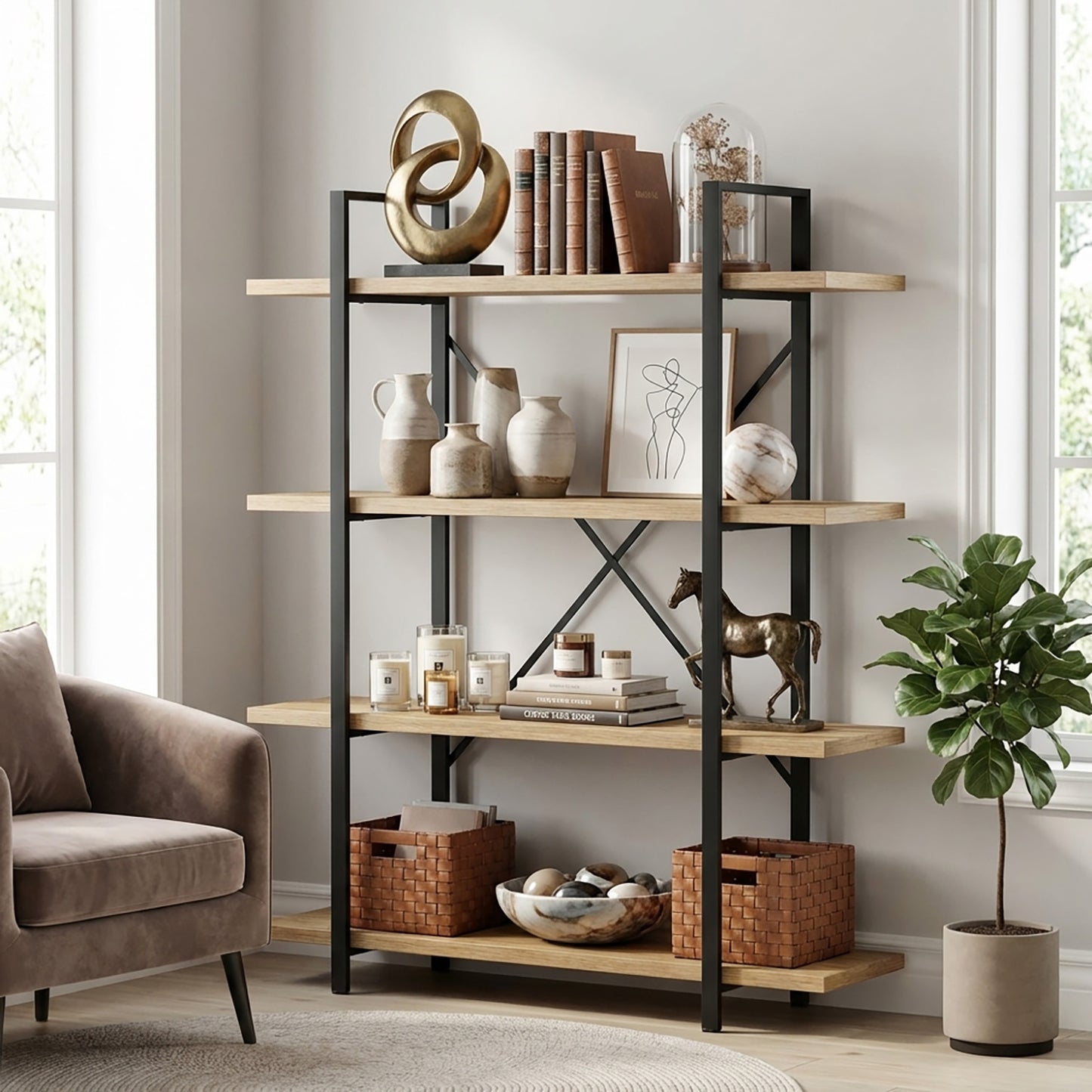 Envision Rustic Oak 4-Tier Bookcase Storage Shelf Organizer