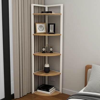 Optima 5 Tier Wood & Steel Corner Shelf Organizer Unit (Rustic Oak & White)