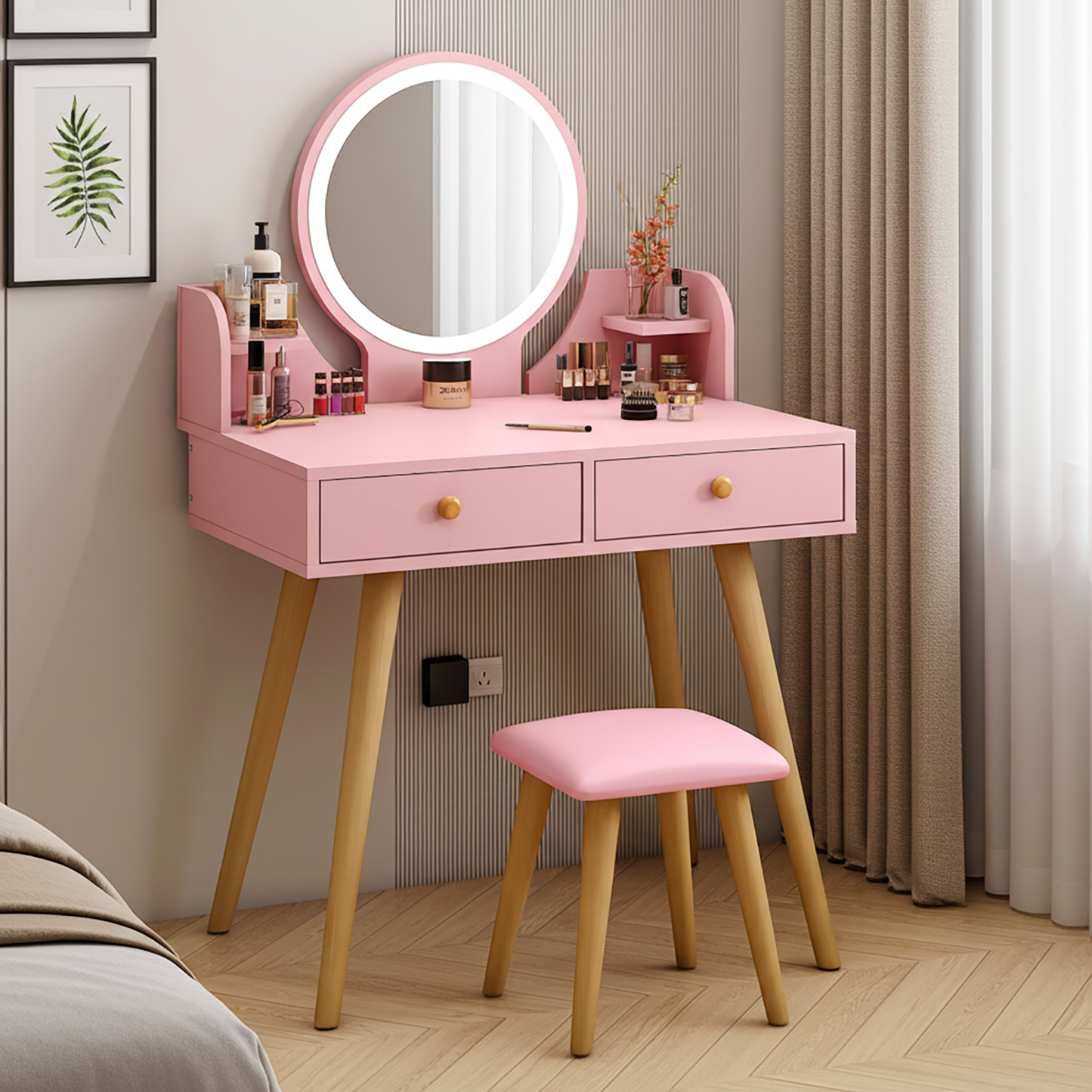 LED Luminous Princess Dresser Vanity Table with Mirror, Stool and Storage Drawers Set (Pink)