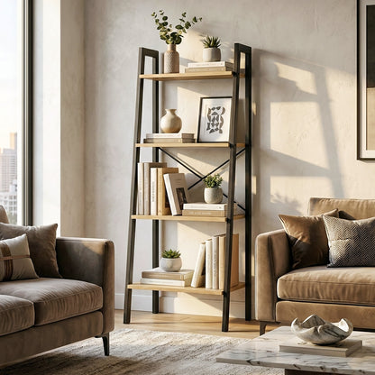 Elevate Rustic Oak 4-Tier Ladder Shelf Wood & Metal Bookcase Storage Organizer